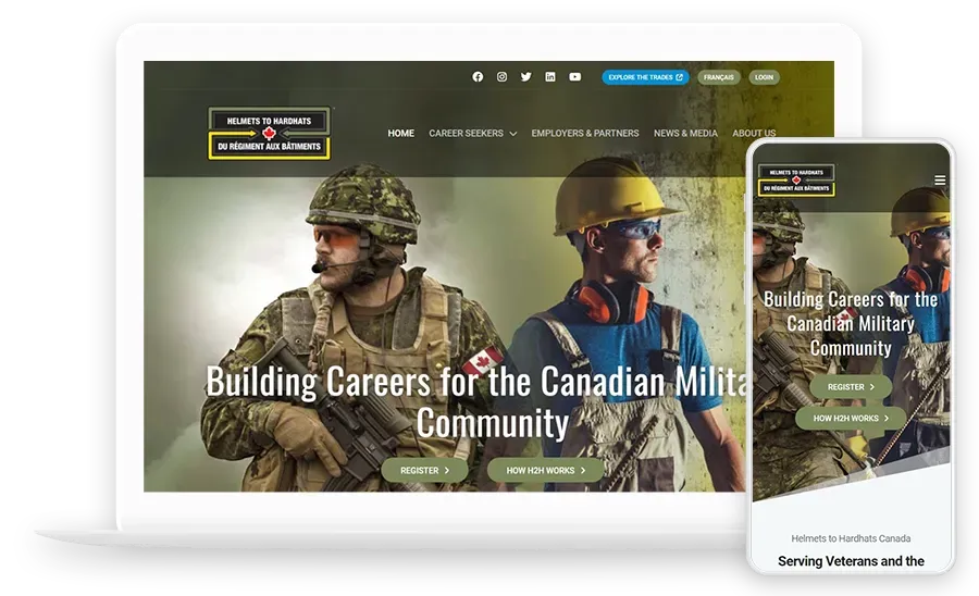 Helmets to Hardhats Canada website on laptop and phone